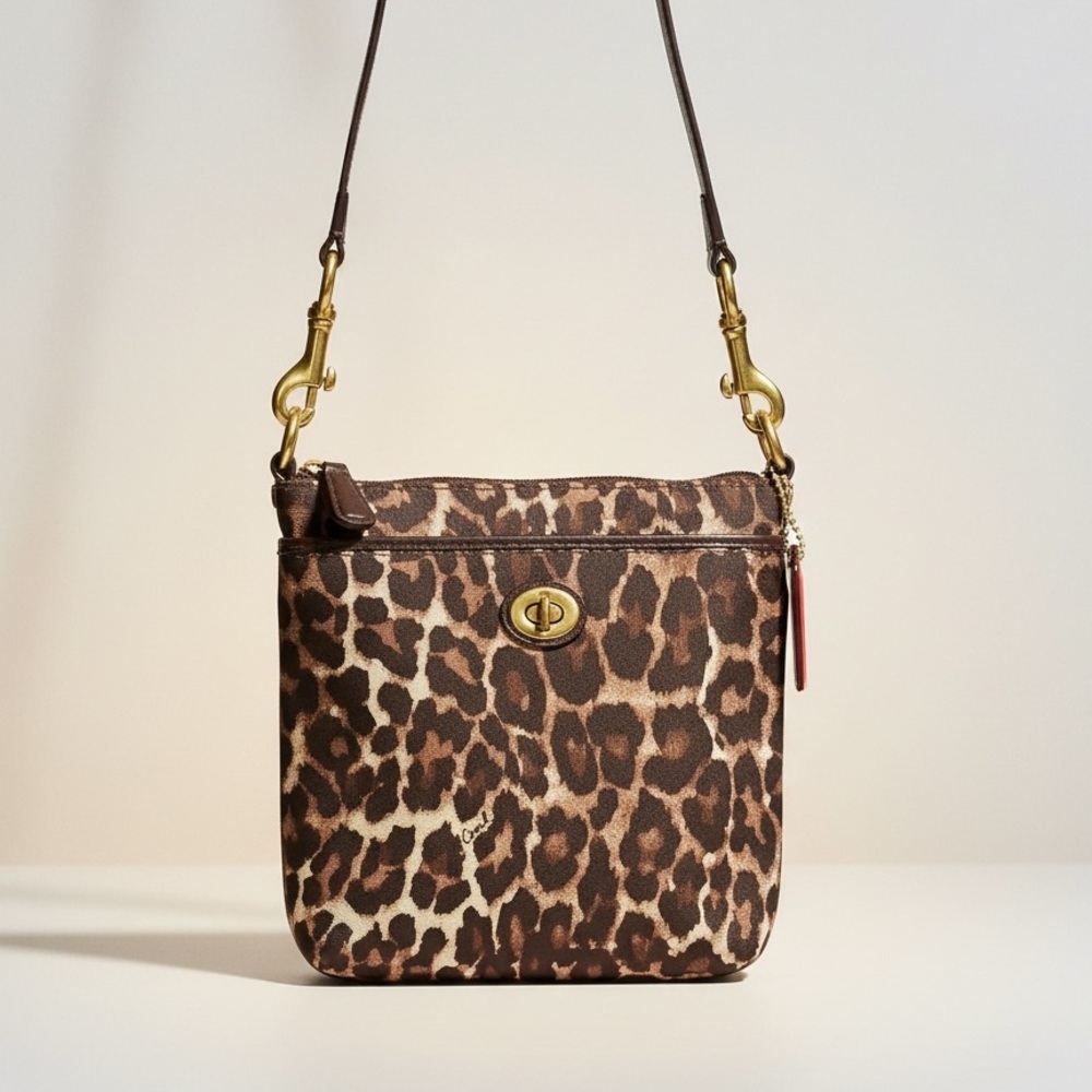 Coach Canvas Ocelot Crossbody Bag with a Turn-Lock Closure and Satin Interior